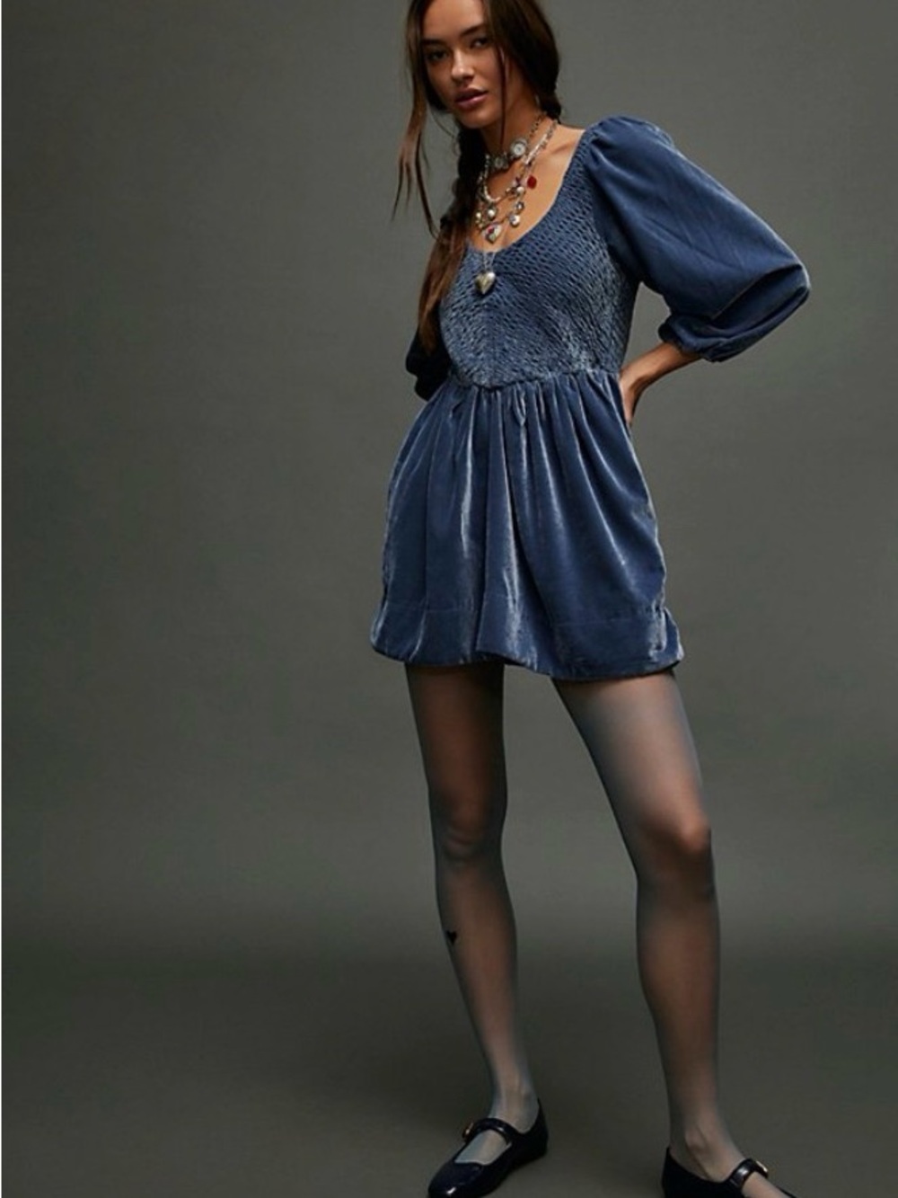 Free People Farrier Velvet Smocked Mini Dress in Slate Blue